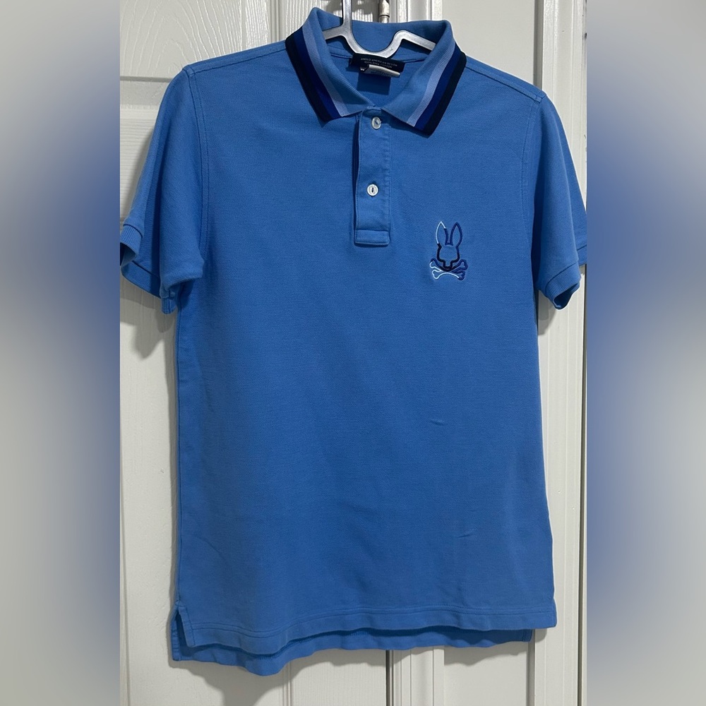 Psycho Bunny kids size 14/16 Large Blue Polo Shirt Sporty Design. Excellent